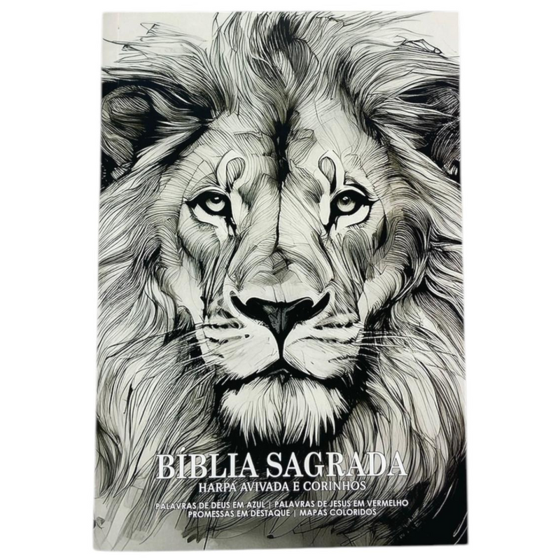 Bíblia Leão Desenho Letra Gigante Capa Brochura Com Harpa Masculina e Feminina Arc
