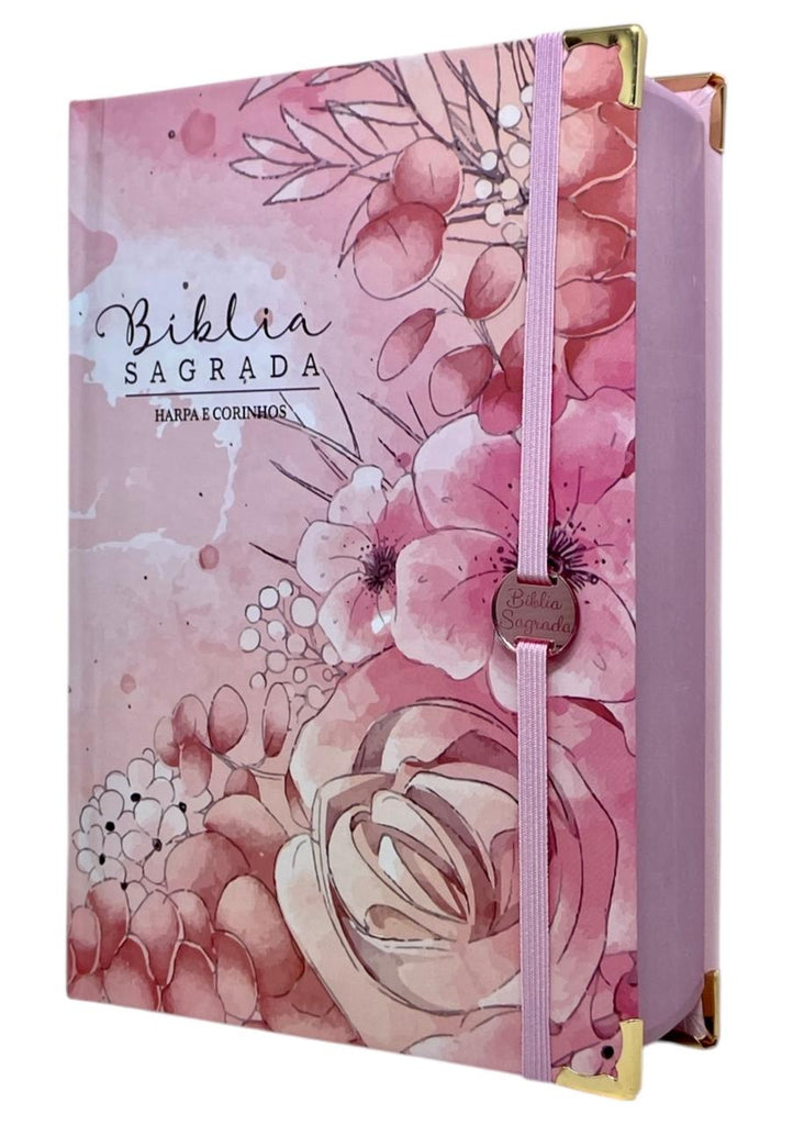 Bíblia Sagrada Letra Hipergigante PPM Capa Dura Jardim Rosa Feminina Com Harpa ARC