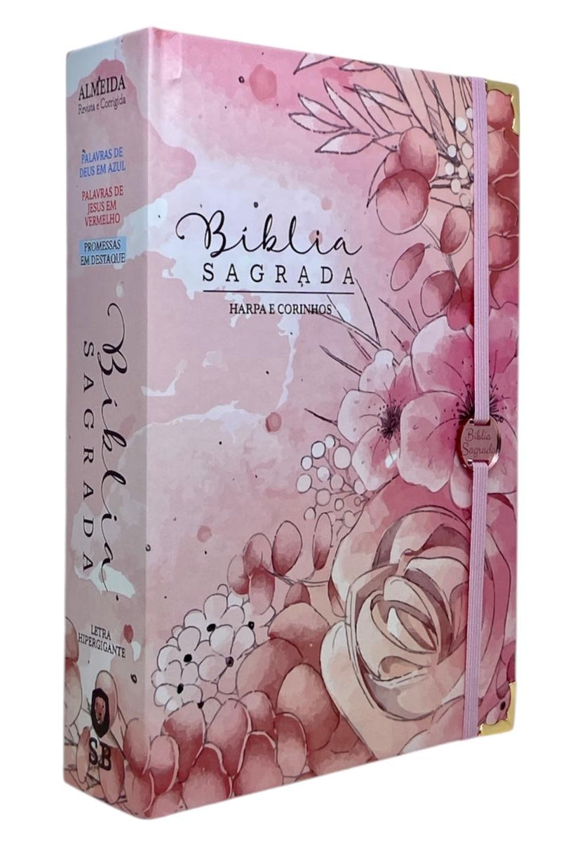 Bíblia Sagrada Letra Hipergigante PPM Capa Dura Jardim Rosa Feminina Com Harpa ARC