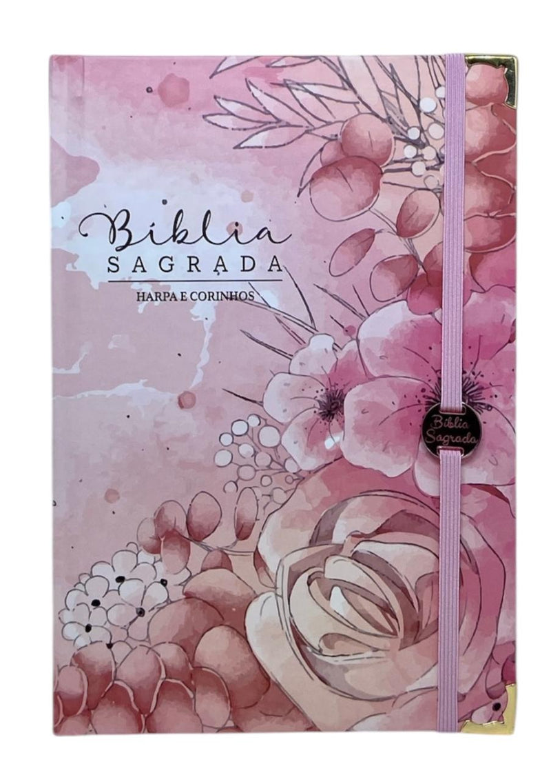 Bíblia Sagrada Letra Hipergigante PPM Capa Dura Jardim Rosa Feminina Com Harpa ARC