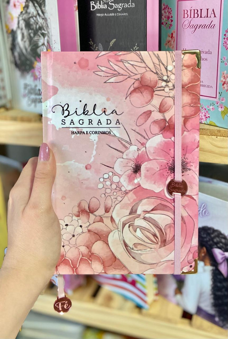Bíblia Sagrada Letra Hipergigante PPM Capa Dura Jardim Rosa Feminina Com Harpa ARC