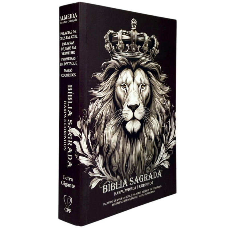 Bíblia Leão P&B Letra Gigante Capa Brochura Com Harpa Masculina Arc