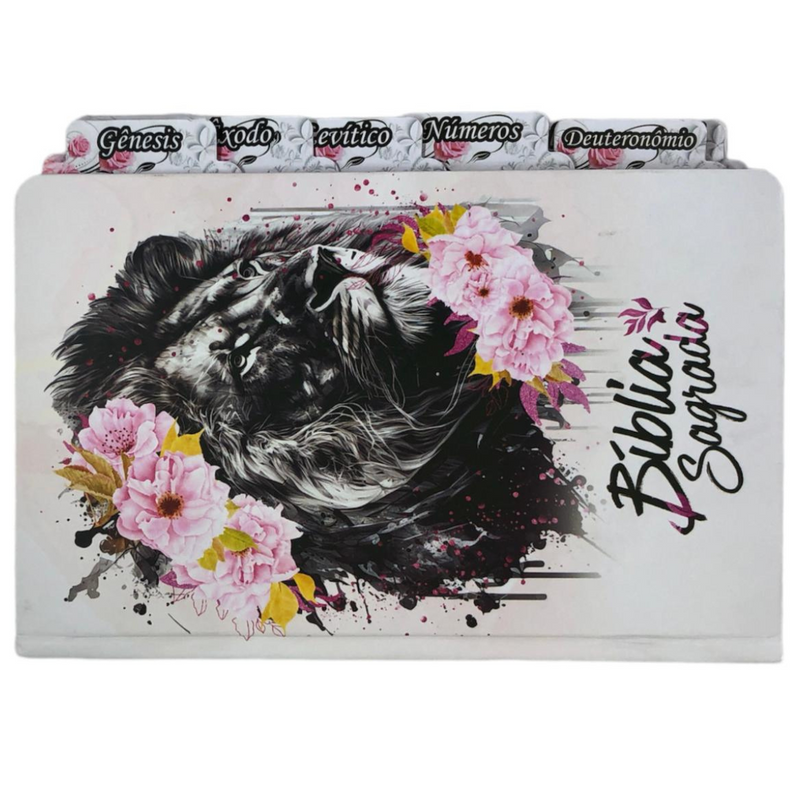 Bíblia Leão Flores Rosa Letra Gigante Capa Dura Com Harpa E Abas Coladas Feminina Arc
