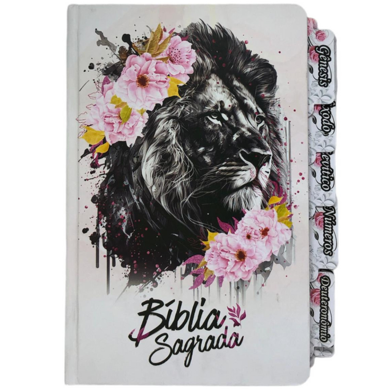 Bíblia Leão Flores Rosa Letra Gigante Capa Dura Com Harpa E Abas Coladas Feminina Arc