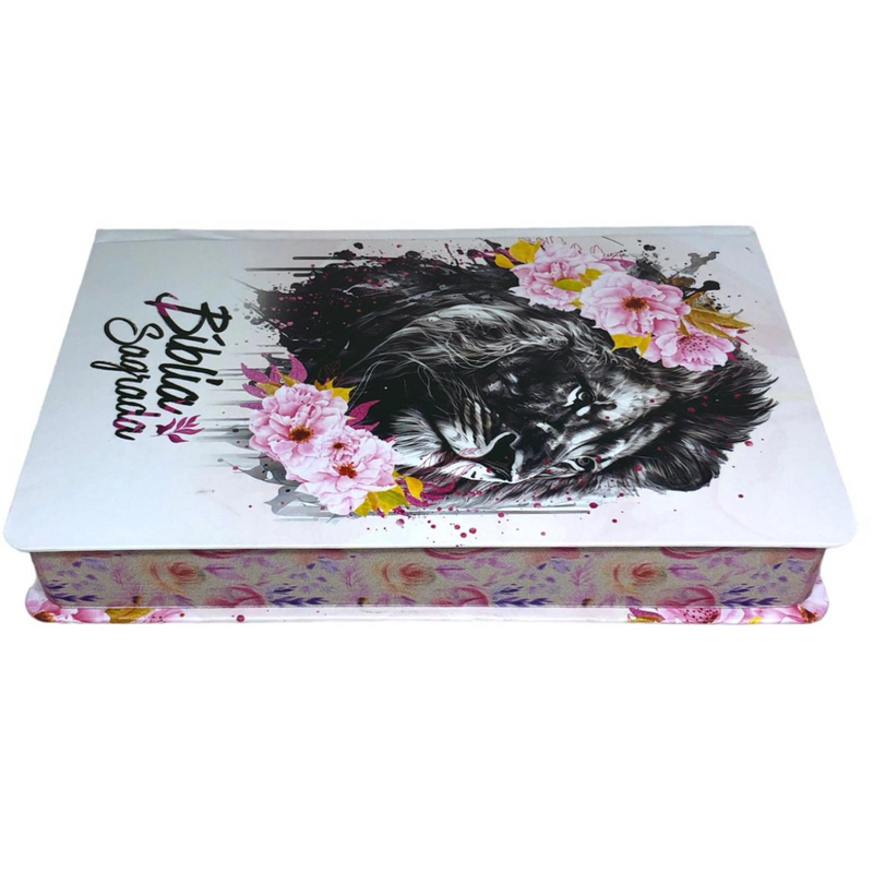 Bíblia Leão Flores Rosa Letra Gigante Capa Dura Com Harpa Feminina Arc