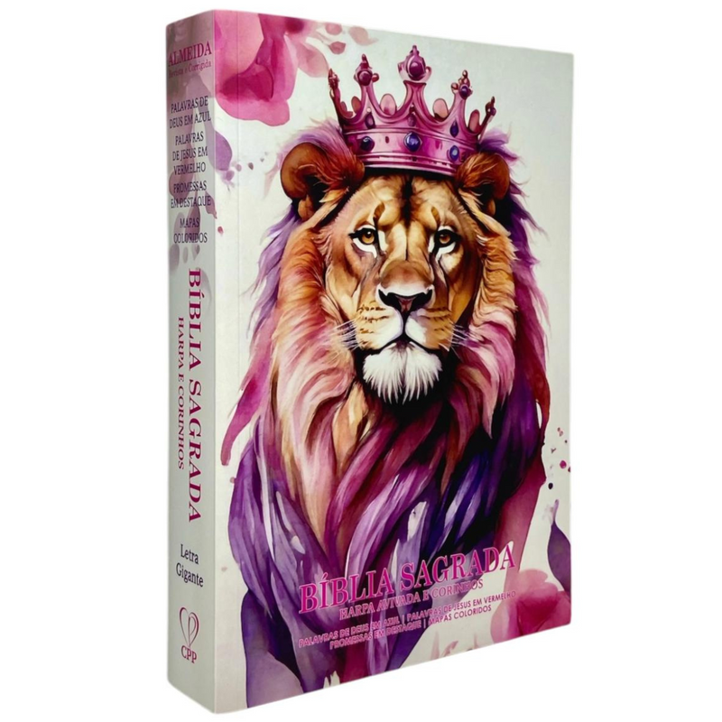 Bíblia Leão Rosa Letra Gigante Capa Brochura Com Harpa Feminina Arc