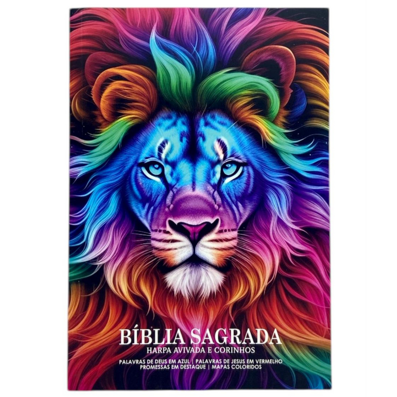 Bíblia Leão Color Letra Gigante Capa Brochura Com Harpa Masculina e Feminina Arc