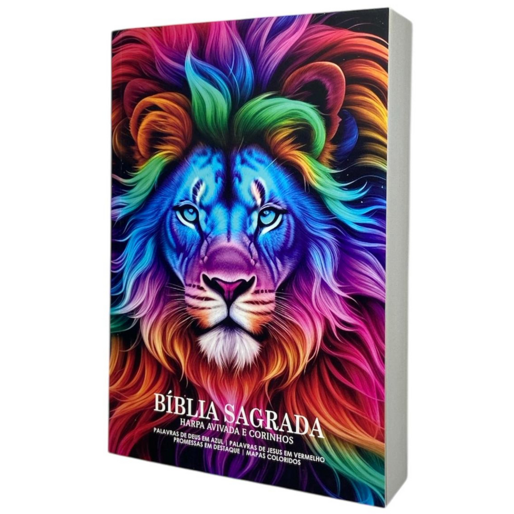 Bíblia Leão Color Letra Gigante Capa Brochura Com Harpa Masculina e Feminina Arc
