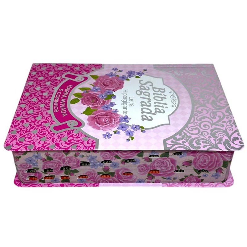 Bíblia Cor Pink Letra Hipergigante Capa Laminada Com Harpa Índice Caixa e Caneta Feminina Arc