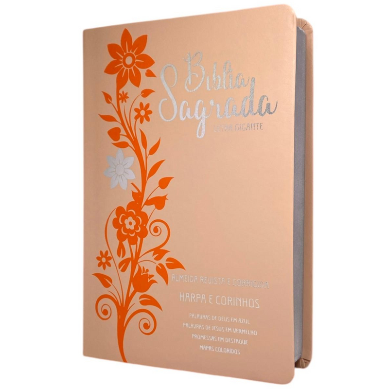 Bíblia Ramos Rose e Laranja Letra Gigante Capa Flexível Luxo Pu Com Harpa Feminina Arc