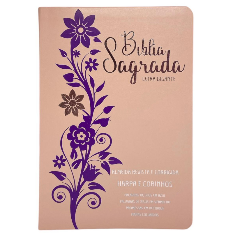 Bíblia Ramos Rose e Lilás Letra Gigante Capa Flexível Luxo Pu Com Harpa e Índice Feminina Arc