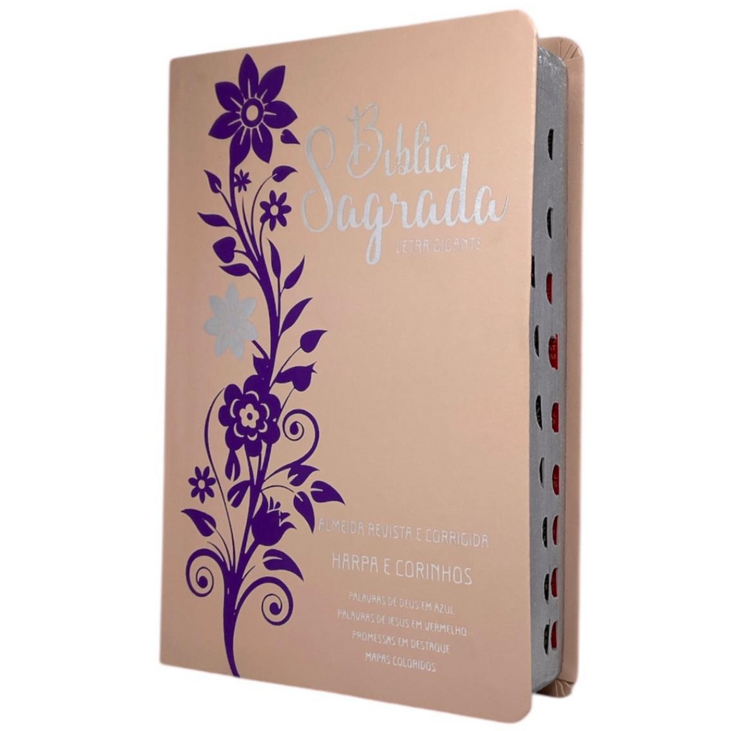 Bíblia Ramos Rose e Lilás Letra Gigante Capa Flexível Luxo Pu Com Harpa e Índice Feminina Arc