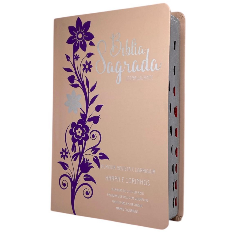 Bíblia Ramos Rose e Lilás Letra Gigante Capa Flexível Luxo Pu Com Harpa e Índice Feminina Arc