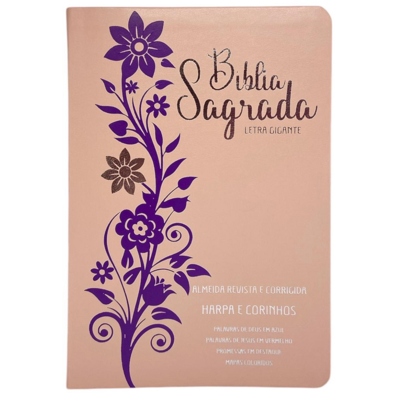 Bíblia Ramos Rose e Lilás Letra Gigante Capa Flexível Luxo Pu Com Harpa Feminina Arc