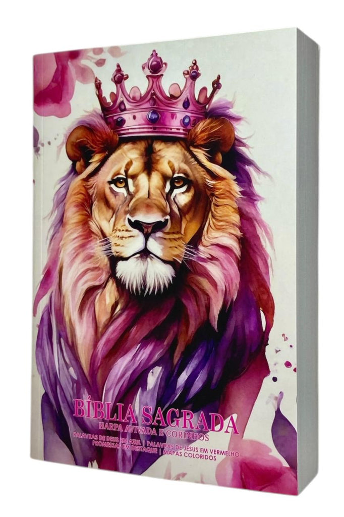 Bíblia Leão Rosa Letra Gigante Capa Brochura Com Harpa Masculina e Feminina Arc