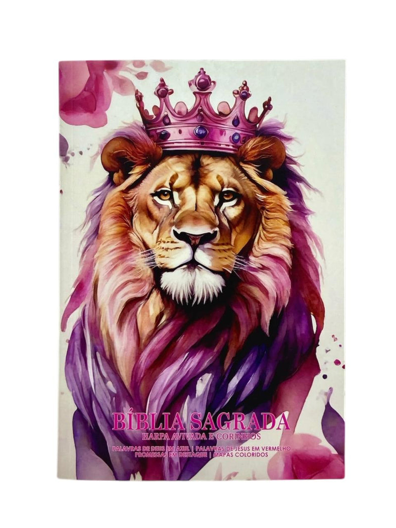 Bíblia Leão Rosa Letra Gigante Capa Brochura Com Harpa Masculina e Feminina Arc