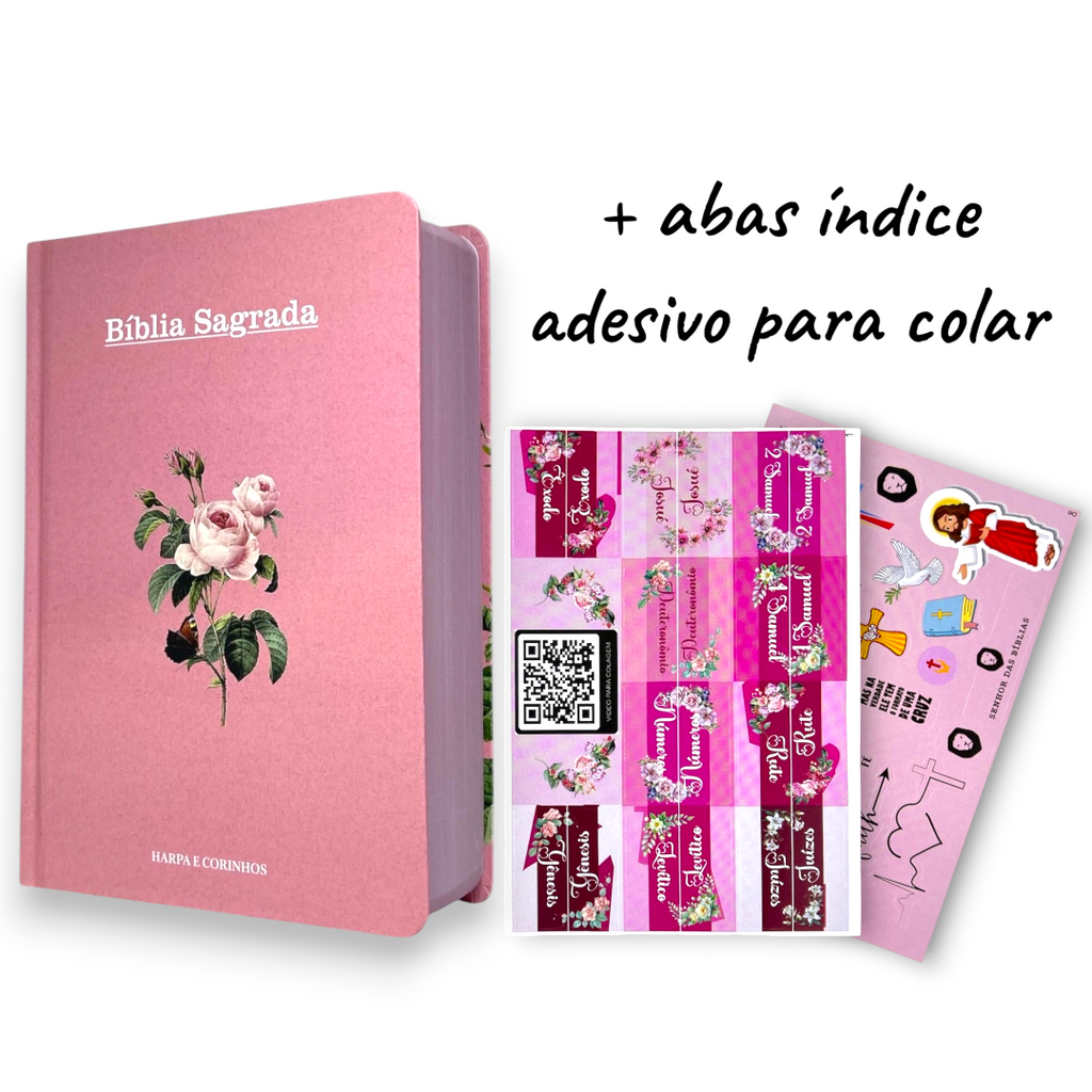 Bíblia Flor Rosa Letra Hipergigante Capa Dura Com Abas Femininas e Harpa Arc