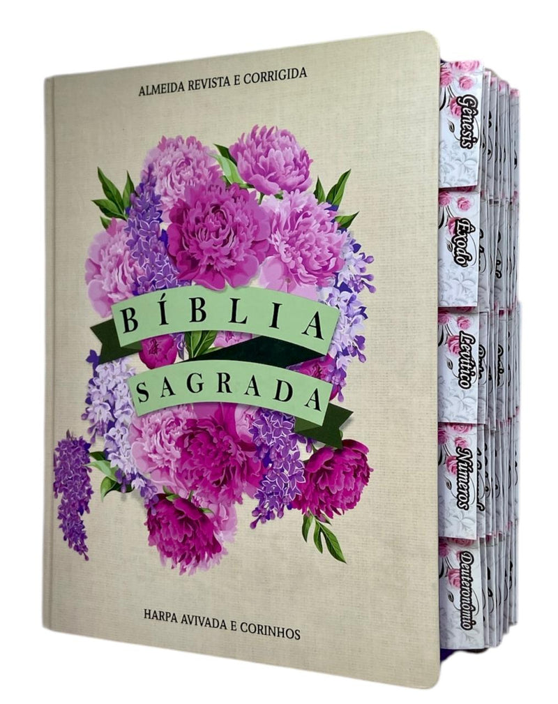 Bíblia Sagrada Letra Jumbo Capa Dura Com Harpa ARC Arranjo Floral Com Capa Protetora e Abas Adesivas