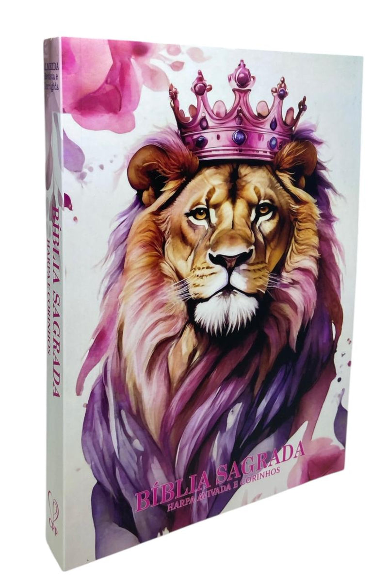 Bíblia Leão Rosa Letra Gigante Capa Brochura Com Harpa Masculina e Feminina Arc
