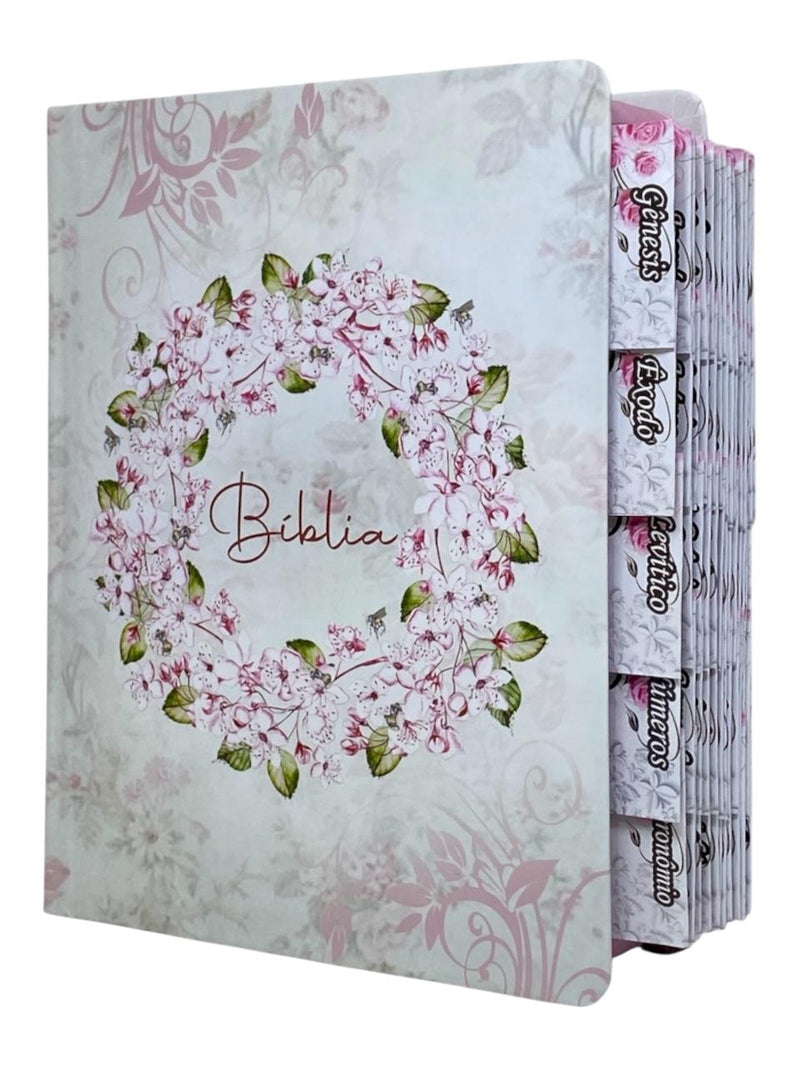Bíblia Letra Comum Flores Branca Tijolinho e Abas Adesivas Femininas - NVA