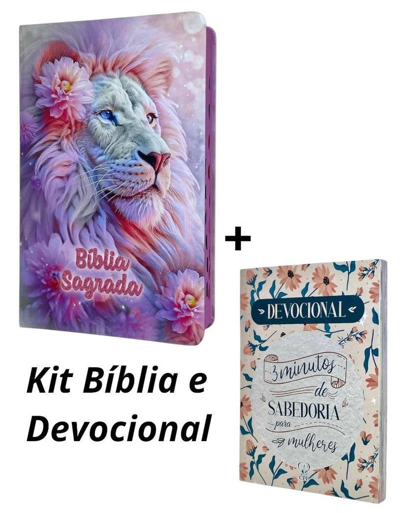 Kit Bíblia Leão Te Sustenta + Devocional Lettring 3 Minutos De Sabedoria Para Mulheres