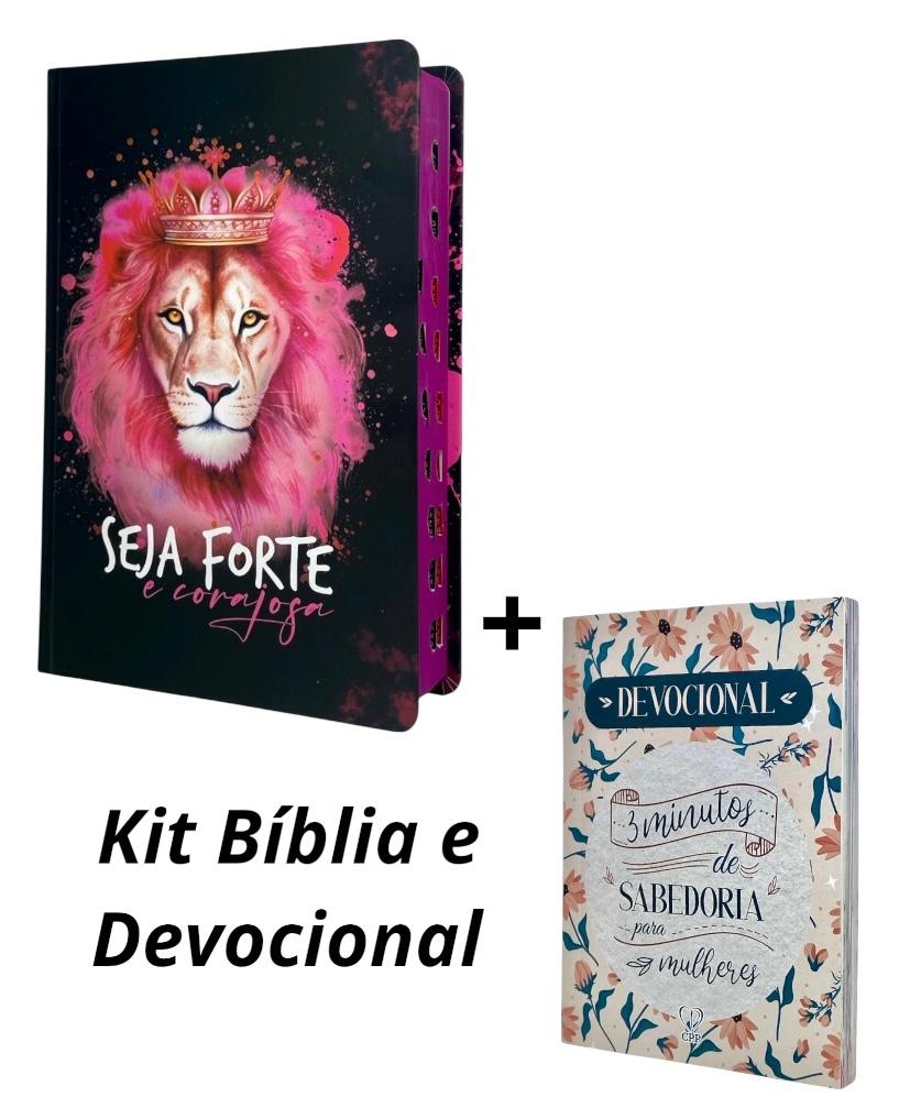 Kit Bíblia Feminina Leão Seja Forte Preta Com Índice + Devocional Lettering 3 Minutos De Sabedoria Para Mulheres
