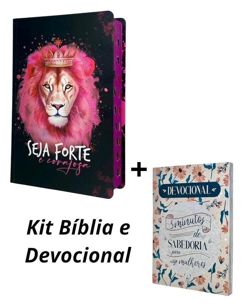 Kit Bíblia Feminina Leão Seja Forte Preta Com Índice + Devocional Lettering 3 Minutos De Sabedoria Para Mulheres