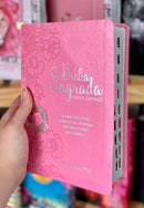 Bíblia Letra Hipergigante Capa Luxo Flexível Full Color ARC Com Harpa e Índice Floral Dália Rosa