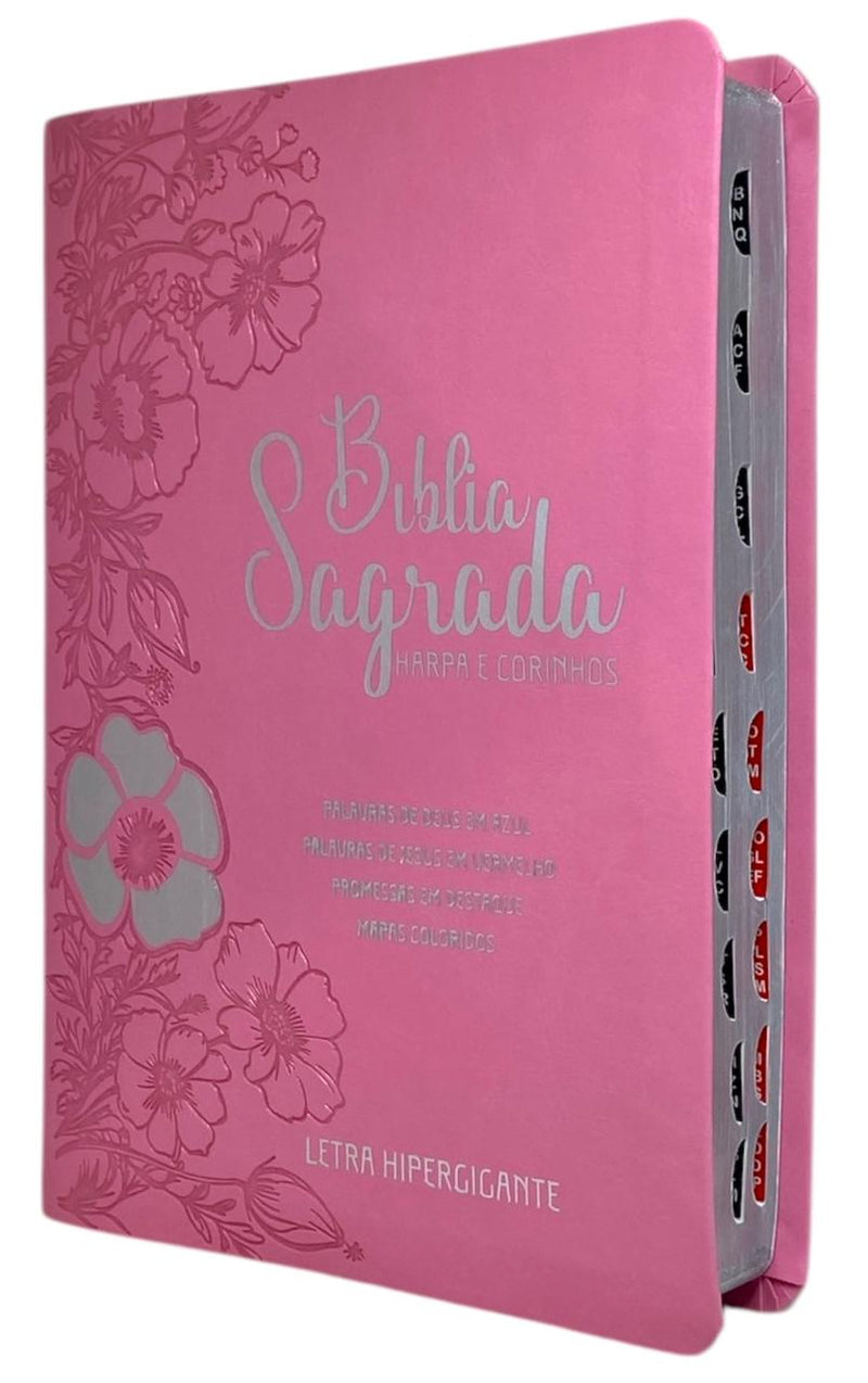 Bíblia Letra Hipergigante Capa Luxo Flexível Full Color ARC Com Harpa e Índice Floral Dália Rosa