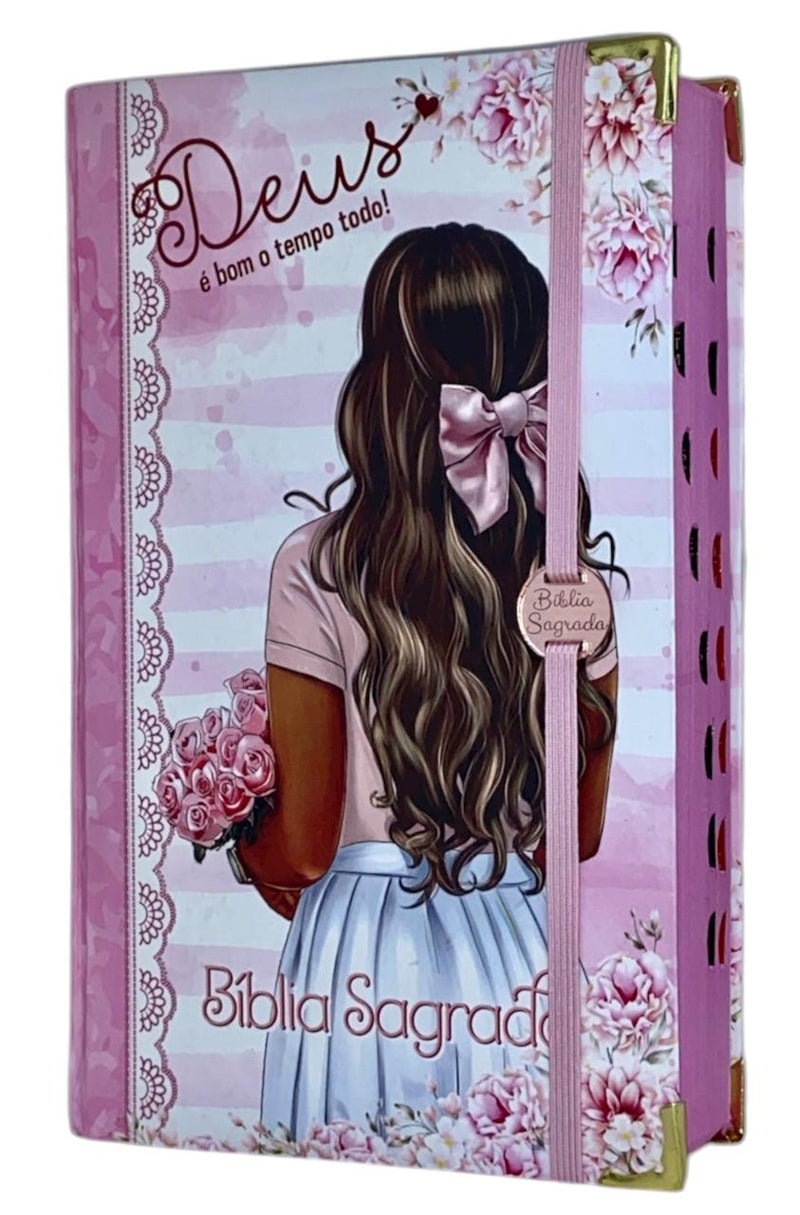 Bíblia Feminina Capa Semiflexivel Com Elástico Rosa e Medalhão Letra Gigante - Deus é bom