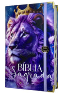 Bíblia Feminina Capa Semiflexivel Com Elástico Roxo e Medalhão Dourado Letra Gigante Com Índice - Amor eterno
