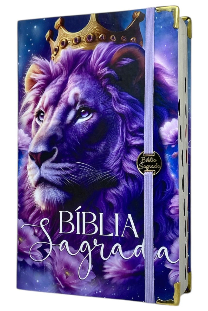 Bíblia Feminina Capa Semiflexivel Com Elástico Roxo e Medalhão Dourado Letra Gigante Com Índice - Amor eterno