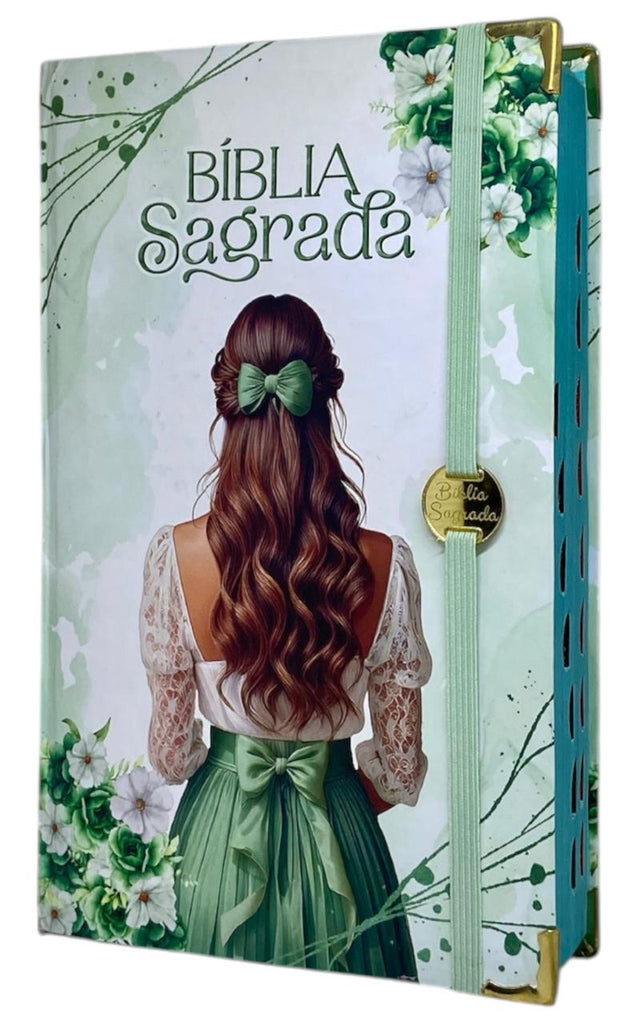Bíblia Feminina Capa Semiflexivel Com Elástico Verde e Medalhão Letra Gigante Com Índice - Sou Amada