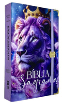 Bíblia Feminina Capa Semiflexivel Com Elástico Roxo e Medalhão Dourado Letra Gigante Com Índice - Amor eterno