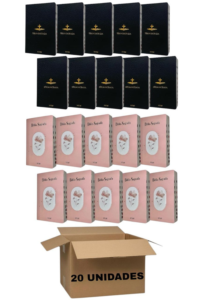 Kit Com 20 Un Bíblias Capa Brochura Cruz Tradicional e Flor Rosa Letra Gigante Linguagem NVI Com Índice
