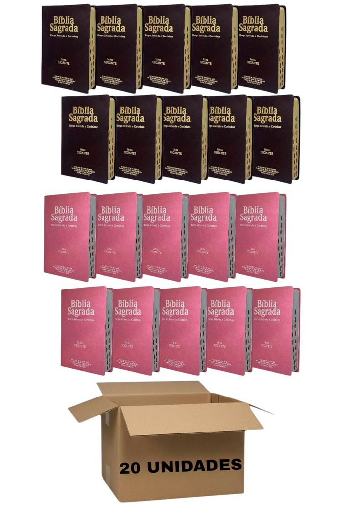 Kit 20 Bíblias Evangélicas Letra Gigante Capa Semiflexível ARC Com Harpa e Índice Marrom e Rosa