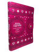 Bíblia Sagrada Evangélica Carteira Botão Pink Com índice - Caneta e Harpa e Corinhos - Full Color