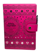Bíblia Sagrada Evangélica Carteira Botão Pink Com índice - Caneta e Harpa e Corinhos - Full Color