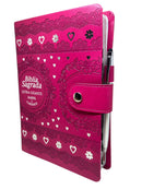 Bíblia Sagrada Evangélica Carteira Botão Pink Com índice - Caneta e Harpa e Corinhos - Full Color