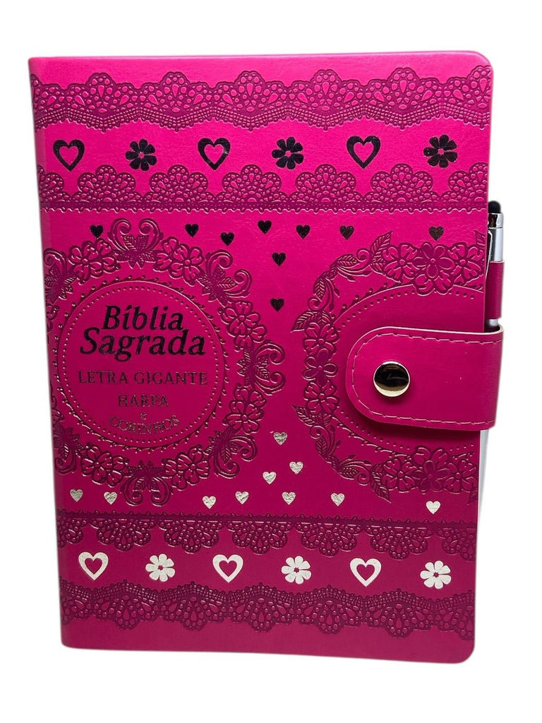 Bíblia Sagrada Evangélica Carteira Botão Pink Com Caneta e Harpa - Full Color