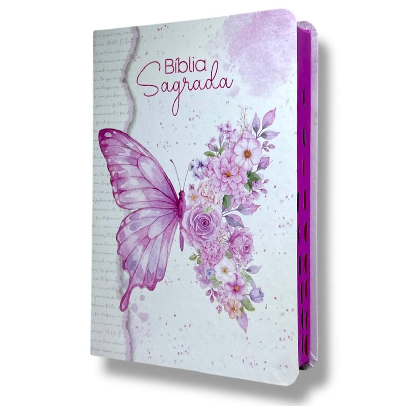 Bíblia Sagrada Feminina Borboleta Flores Pink Letra Gigante índice na Lateral  Capa Flexível - Full Color