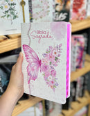 Bíblia Sagrada Feminina Borboleta Flores Pink Letra Gigante índice na Lateral  Capa Flexível - Full Color