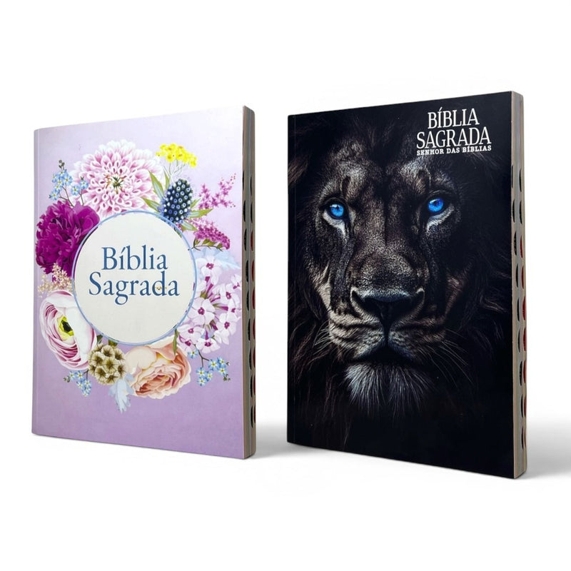Kit 2 Bíblias Evangélicas NVA Letra Comum Folha PPM Full Color Floral Lilás e Leão Casal Fem e Masc