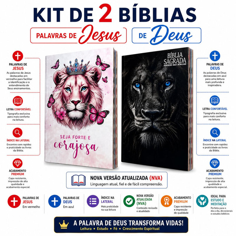 Kit 2 Bíblias Cristã NVA Letra Normal Capa Brochura Full Color Leão Rosa e Leão Preto Com Índice