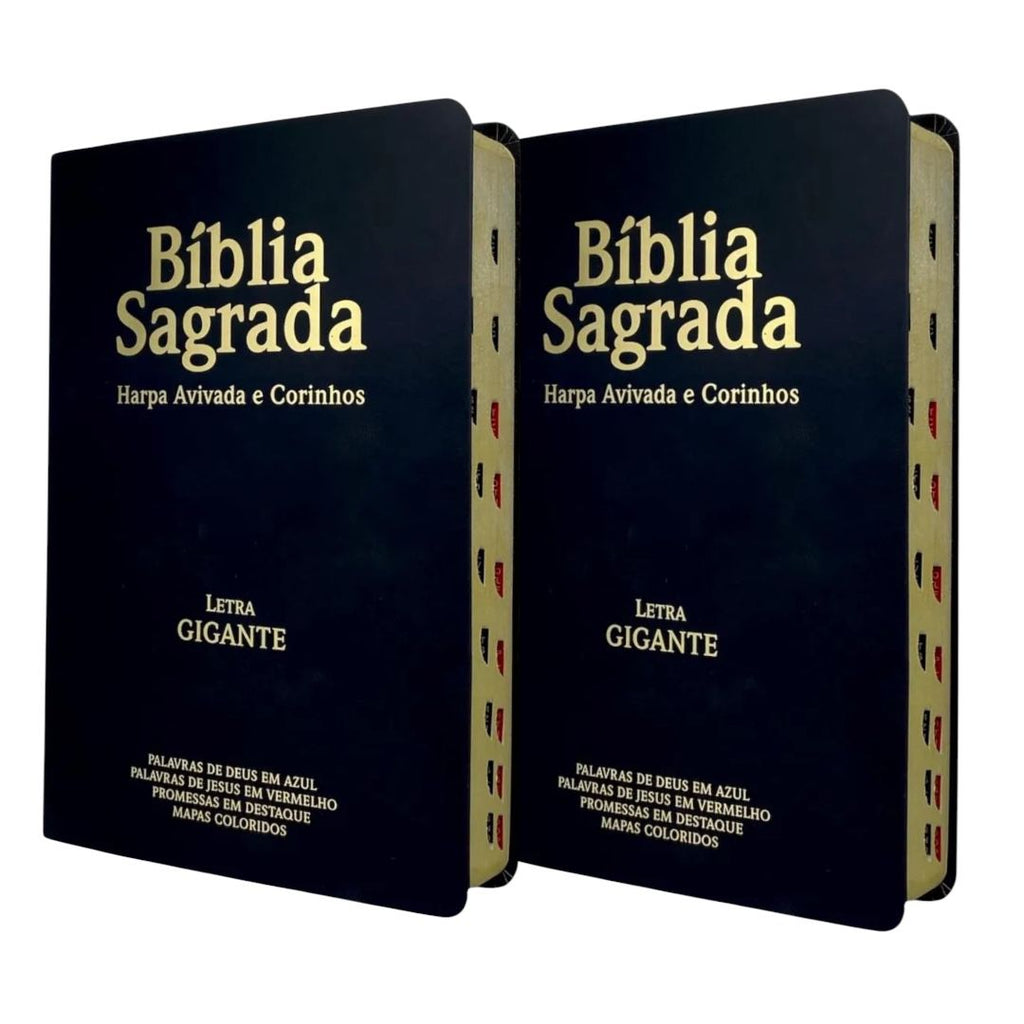 Kit 02 Bíblias Pretas Evangélicas Letra Gigante Capa Semiflexível ARC Com Harpa e Índice Masc e Fem
