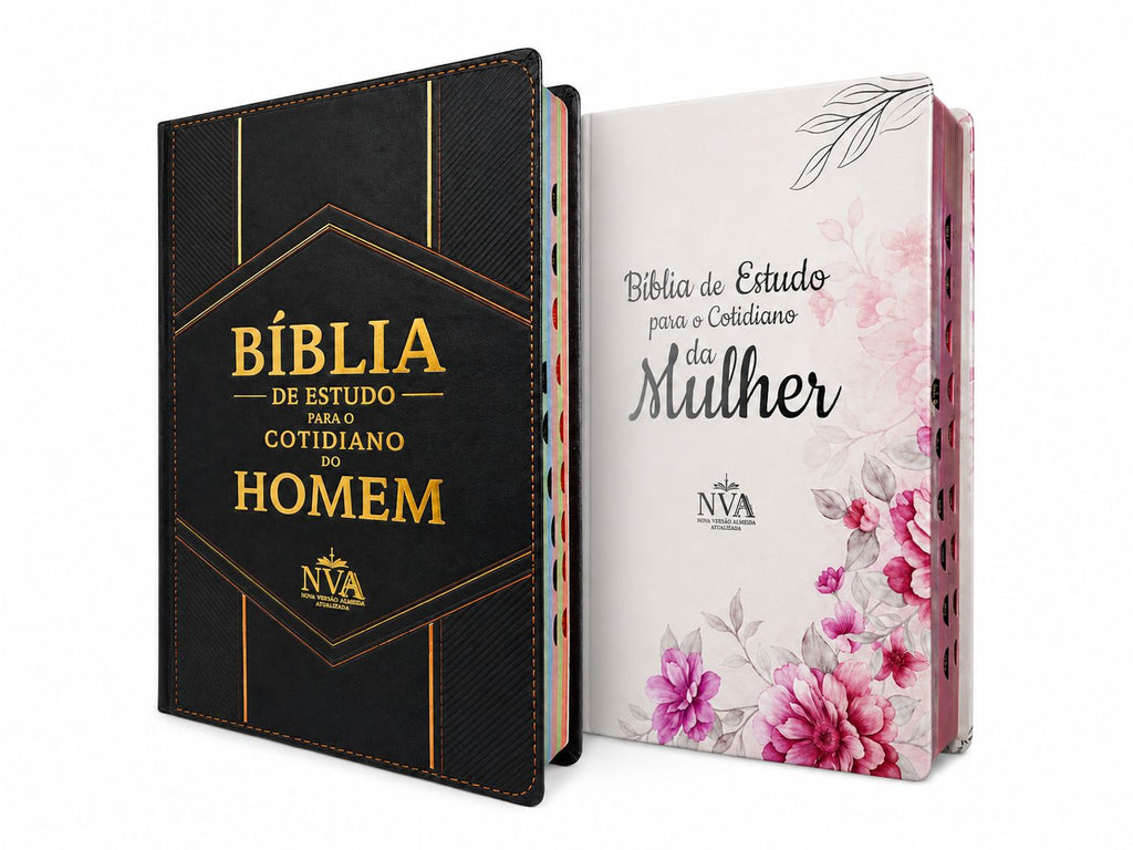Kit 2 Bíblias de Estudo para o Cotidiano do Homem e Mulher Capa Dura NVA Gigante Masc e Fem Casal com Índice