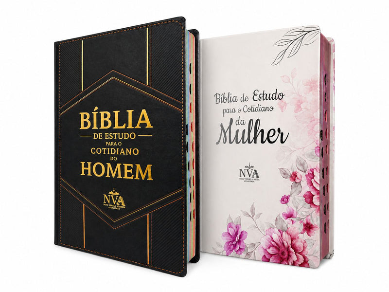 Kit 2 Bíblias de Estudo para o Cotidiano do Homem e Mulher Capa Dura NVA Gigante Masc e Fem Casal com Índice