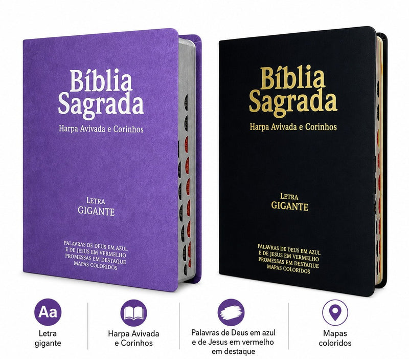 Kit Casal 02 Bíblias Evangélicas Letra Gigante Capa Semiflexível ARC Com Índice Lilás e Preta