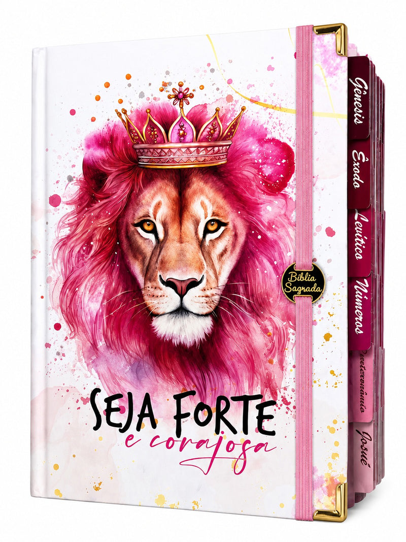 Bíblia Capa Dura Com Elástico Rosa E Medalhão Letra Gigante Com Harpa - Seja Forte E Aba Feminina