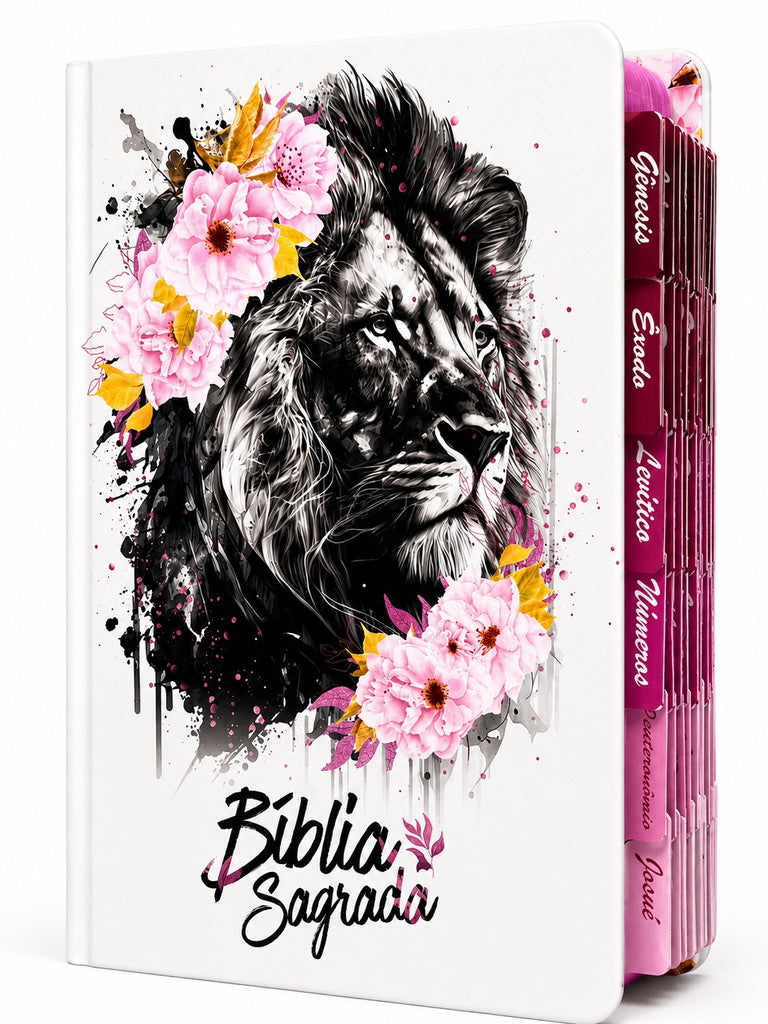Bíblia Leão Flores Rosa Letra Gigante Capa Dura Com Harpa E Abas Coladas Feminina Arc